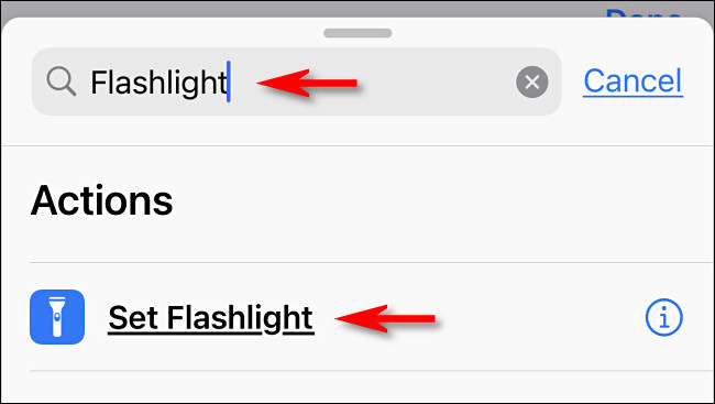 In Shortcuts, search "flashlight," then tap "Set Flashlight."