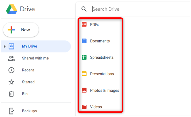 Click the search box, and then a list of file types appears to choose from.