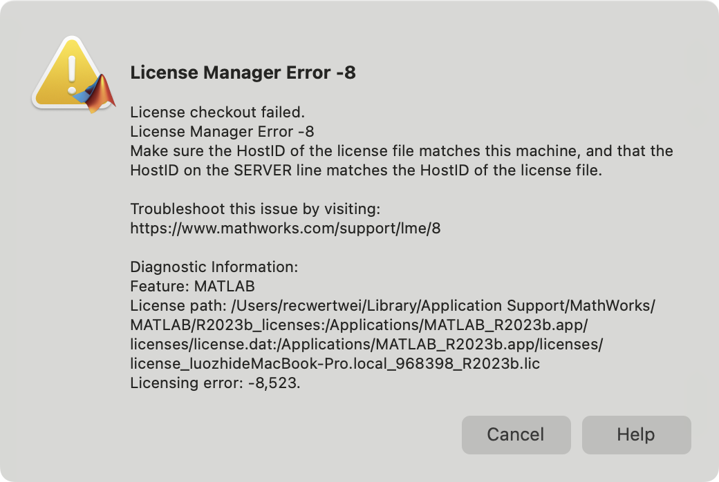 MathWorks Matlab R2023b ARM Mac报错 License Manager Error -8