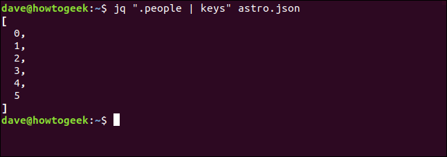 The "jq ".people | keys" astro.json" command in a terminal window.