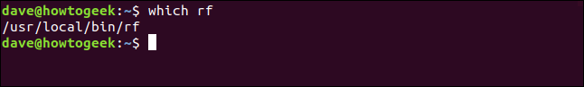 The "which rf" command in a terminal window.