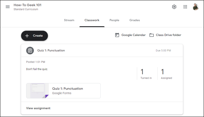 The "Classwork" tab in "Google Classroom." 