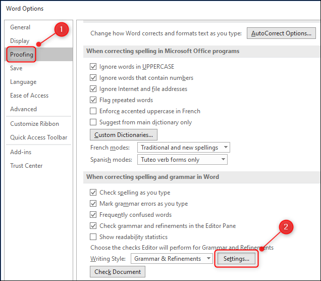 The Proofing option and the "Settings" button.