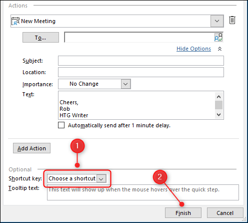 The Quick Steps editor with the "Shortcut key" field and "Finish" button highlighted.