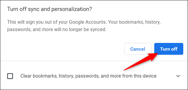 Click turn off to confirm you want to disable syncing to this device