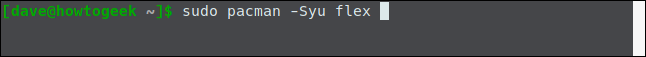 "sudo pacman -Syu flex" in a terminal window.