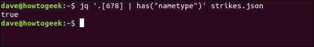 The "jq '.[678] | has("nametype")' strikes.json" command in a terminal window.