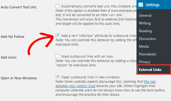 External Links plugin settings page