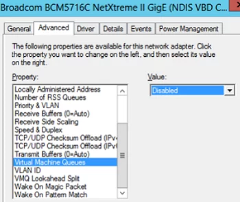 deshabilite VMQ (Cola de máquinas virtuales) en la configuración del controlador NIC