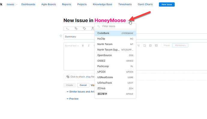 YouTrack 在创建问题的时候如何切换项目