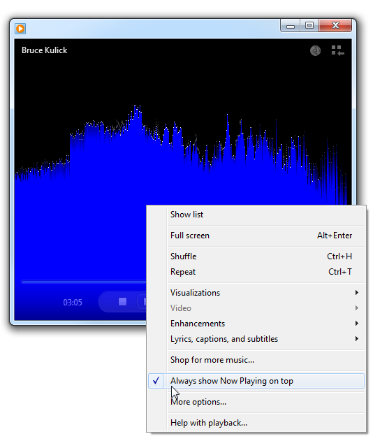 windows media player中的"立即播放"模式显示在顶部