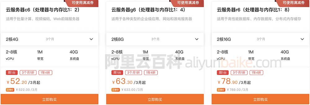 阿里云服务器c6/g6/r6租用价格表