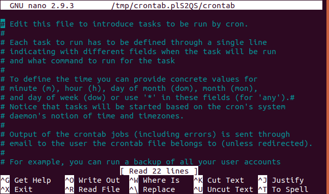 cron table in nano editor