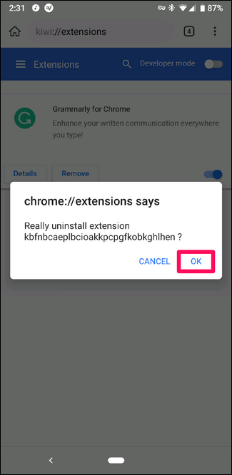 Uninstalling an extension in Kiwi Browser