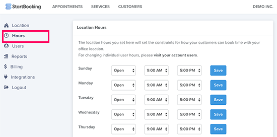 Adding business hours in StartBooking app