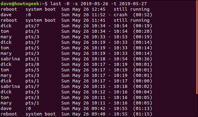 Output from last -R -s 2019-05-26 -t 2019-05-27 in a terminal window