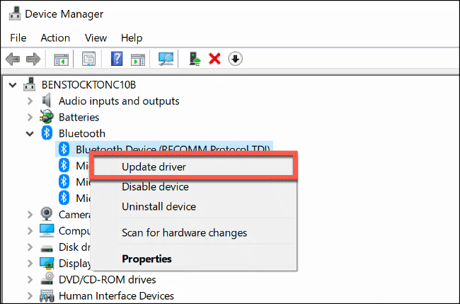 Click "Update Driver" in "Device Manager."