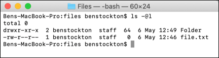 The ls command at the macOS terminal showing files and folders