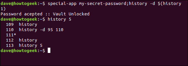 A "special-app my-secret-password;history -d $(history 1)" command in a terminal window.