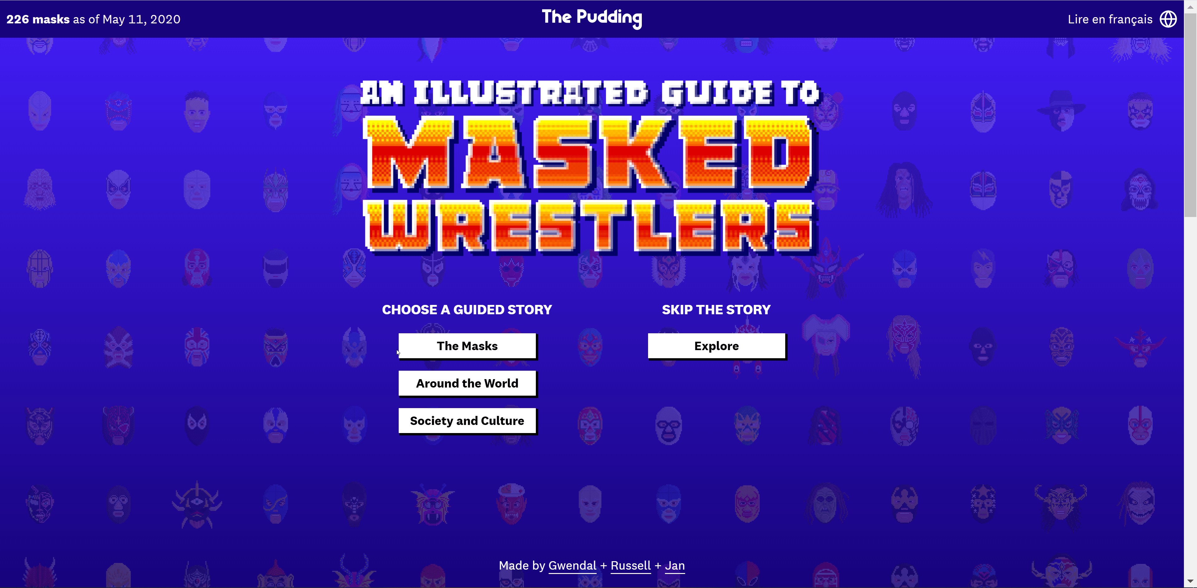 Webpage of the first screen of “An illustrated guide to masked wrestlers” from the Pudding.