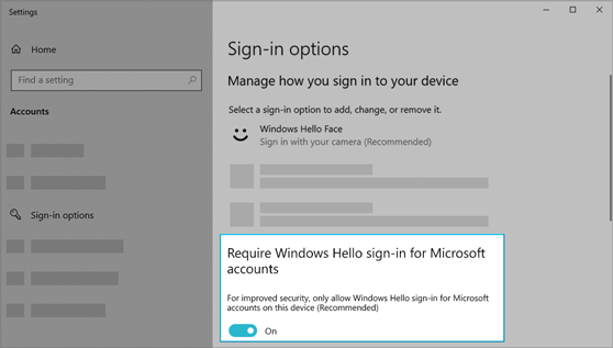 使用 Windows Hello 登录 Microsoft 帐户的选项已开启。