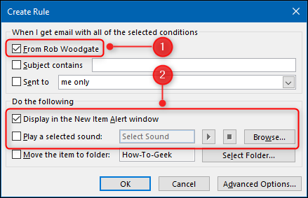 The "Create Rule" window with the alert options highlighted.