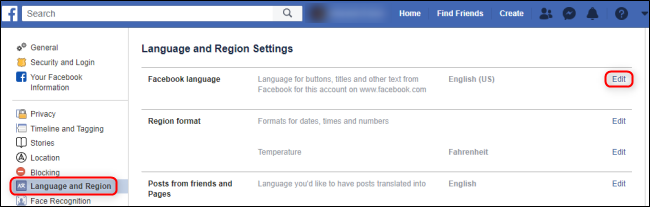 Facebook Language and Region