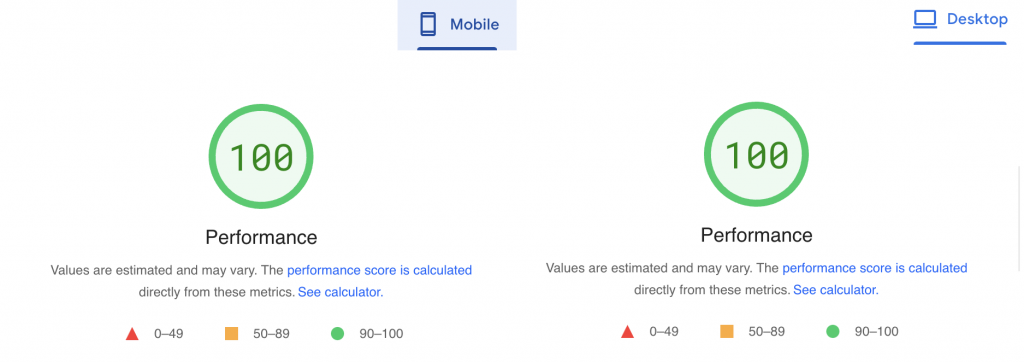 在设置 LiteSpeed 缓存之前，Google PageSpeed Insights 对测试网站的移动和桌面版本的排名。