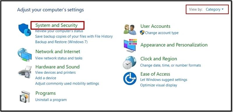 System and Security on Windows 10