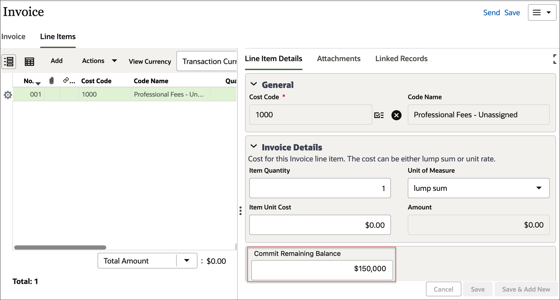 Screen image of another line items details pane, with the Commit Remaining Balance field automatically completed and highlighted.