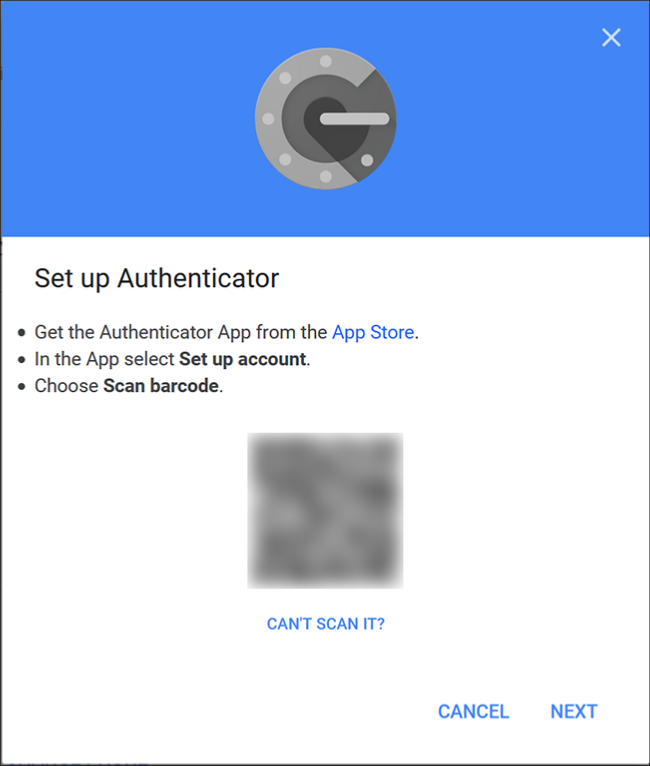 The Google Authenticator screen where you scan the QR code using the app on your phone.