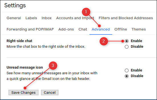 Click or tap "Advanced," enable the "Right-Side Chat" option, and then click or tap "Save Changes."