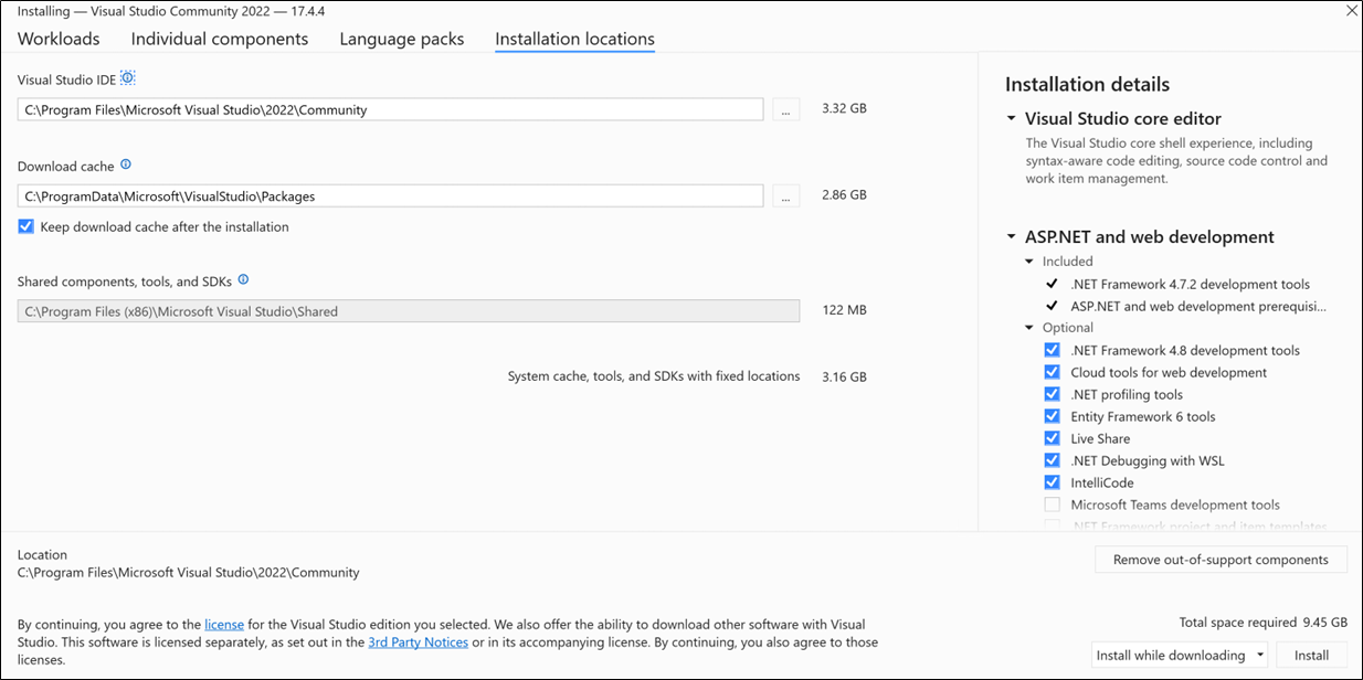 显示 Visual Studio 安装程序的“安装位置”选项卡的屏幕截图。