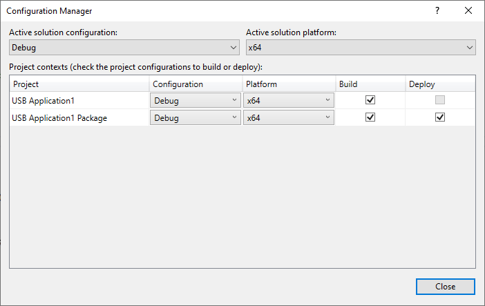 显示 "Configuration Manager" 窗口的屏幕截图，其中选择了 "调试" 和 "x64"。