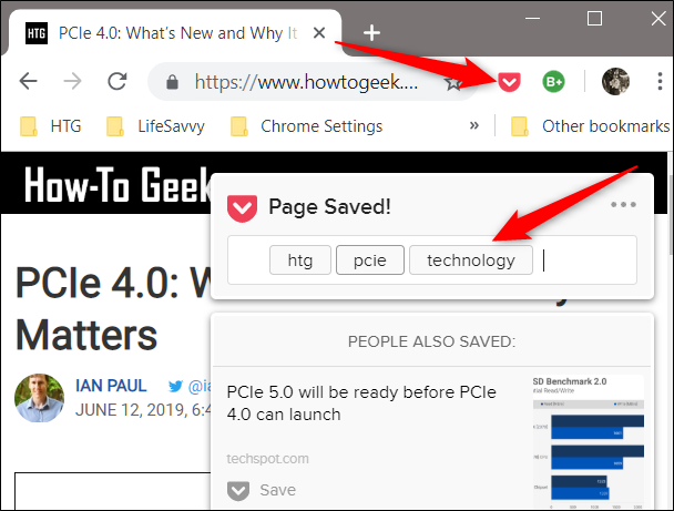 Click the Pocket icon to save a page for reading later
