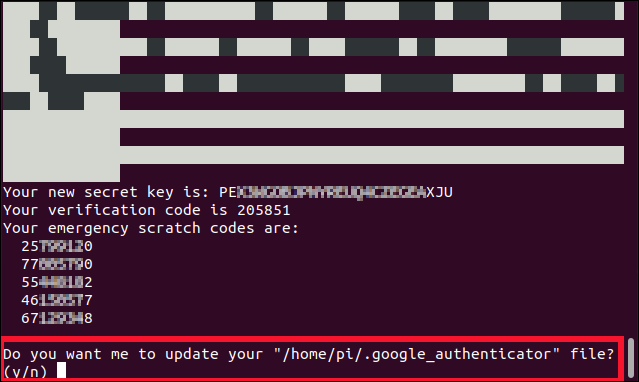 Do you want me to update your "/home/pi/.google_authenticator" file? (y/n) in a terminal window.