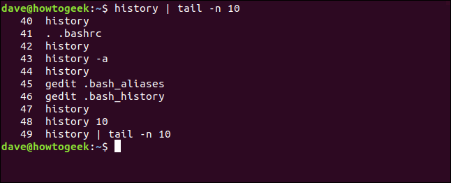 The "history | tail -n 10" command in a terminal window.