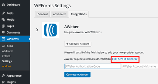 AWeber integration under WPForms settings AWeber integration under WPForms settings
