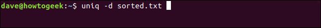 The "uniq -d sorted.txt" command in a terminal window.