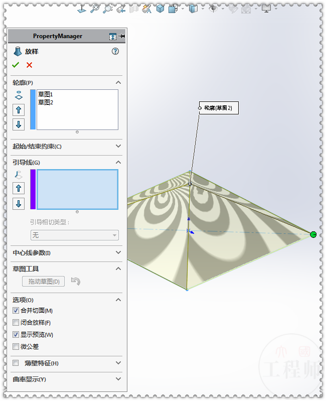 【放樣】輪廓:正方形 和 點 .2.在【前視基準面】畫一個:點.1.