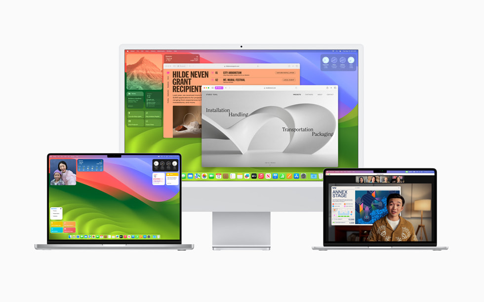 macOS Sonoma mostrado en MacBook Pro, iMac de 27 pulgadas y MacBook Air.