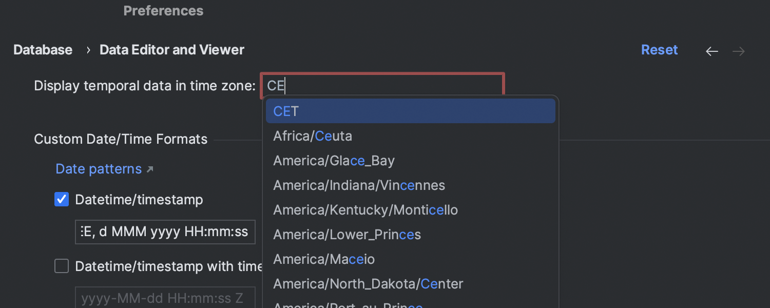 Time zone settings for the data editor
