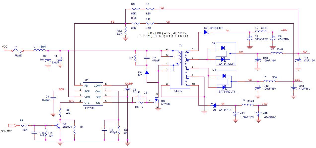 FP5139电池与适配器供电DC-DC隔离升降压电路反激电路电荷泵电路原理图