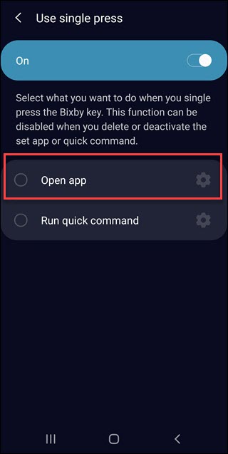 Bixby single press settings with open app call out.