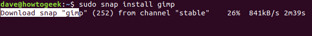 The "sudo snap install gimp" command in a terminal window.