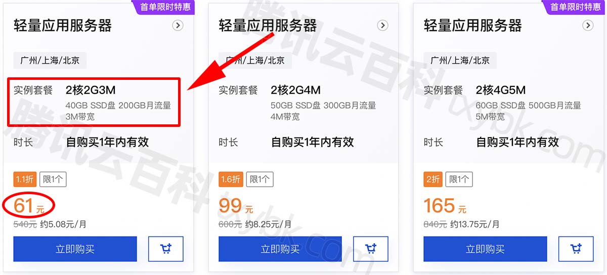 腾讯云轻量应用服务器2核2G3M优惠价格