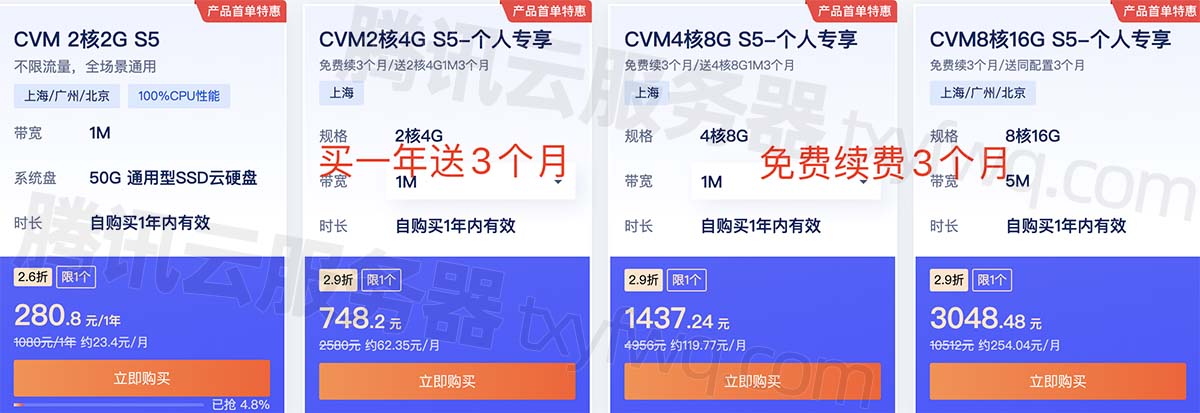 腾讯云4核8G服务器S5优惠价格