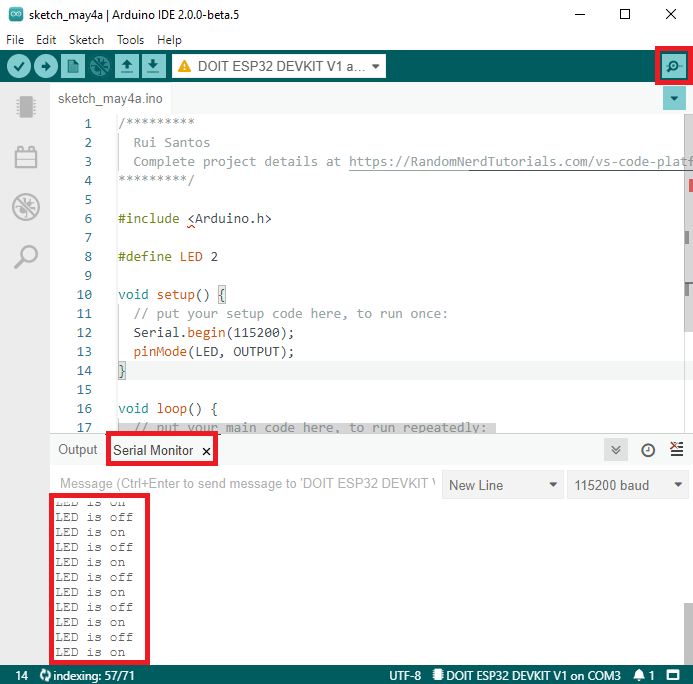 打开 Arduino IDE 串行监视器 Arduino IDE 2.0 ESP32