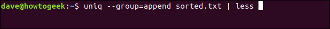 The "uniq --group=append sorted.txt | less" command in a terminal window.