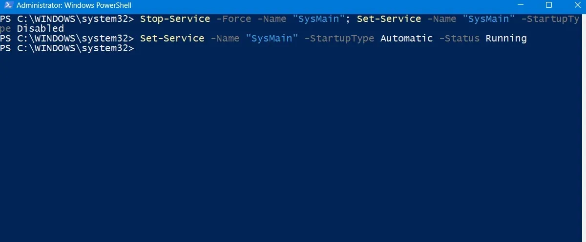 在 PowerShell 管理窗口中禁用和启用 Superfetch。